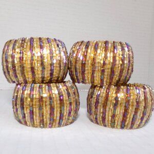 NWT 4 Beautiful Bead Napkin Rings Holders Shiny Gold Purple Interior Accents 2''